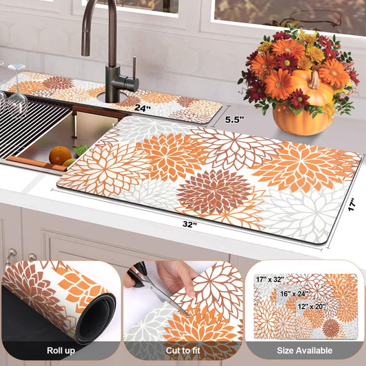 Findosom 2PCS 17" x 32" Fall Dish Drying Mat & 24" x 5.5" Sink Splash Guard, Super Absorbent & Cuttable Dish Mat Drying Kitchen Mat with Orange Floral, Hide Stain Drying Mat for Kitchen Counter