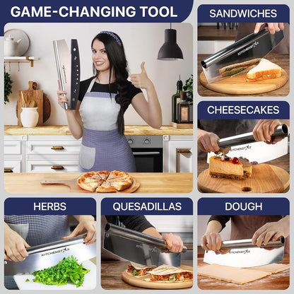 KitchenStar 14-Inch Pizza Cutter Rocker Blade - Sharp Stainless Steel Slicer Knife, Protective Cover, Dishwasher Safe, Large - Professional Pizza Oven Accessories