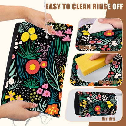 Dish Drying Mat Doodle Flower Meadow Coffee Bar Mat for Countertop Absorbent Rubber Backed Hide Stain Dish Drainer Rack Pad Coffee Pot Espresso Machine Dining Room Decoration 11.8 x 19.7 Inch