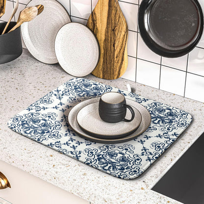 Bohemian Grey Retro Dish Drying Mat for Kitchen Counter,Boho Abstract Flower Art Drying Mat 16 x 18 Inch Microfiber Dish Drying Pad Dish Rack Pad Drainer Mat for Coffee Bar