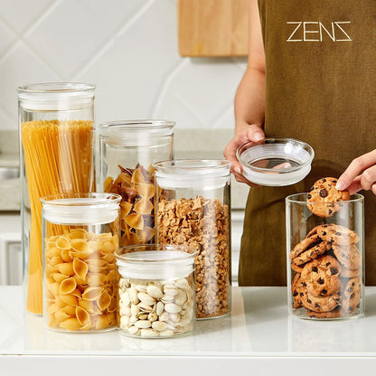 ZENS Glass Spaghetti Pasta Storage Container with Lids Set of 2, 65oz Tall Clear Airtight Food Storage Jar Canisters for Kitchen Pantry Noodles Flour Cereal Coffee Beans