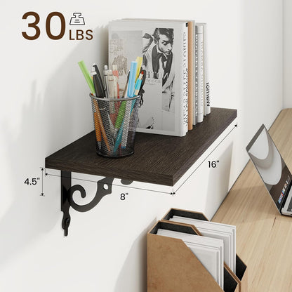 RICHFOCUS Floating Shelves for Wall Decor, 8 Inch Deep Wall Shelves Set of 2, 16W x 8D Black Floating Shelves Wall Mounted with Metal Brackets, Rustic Wood Shelves for Living Room Bedroom Kitchen