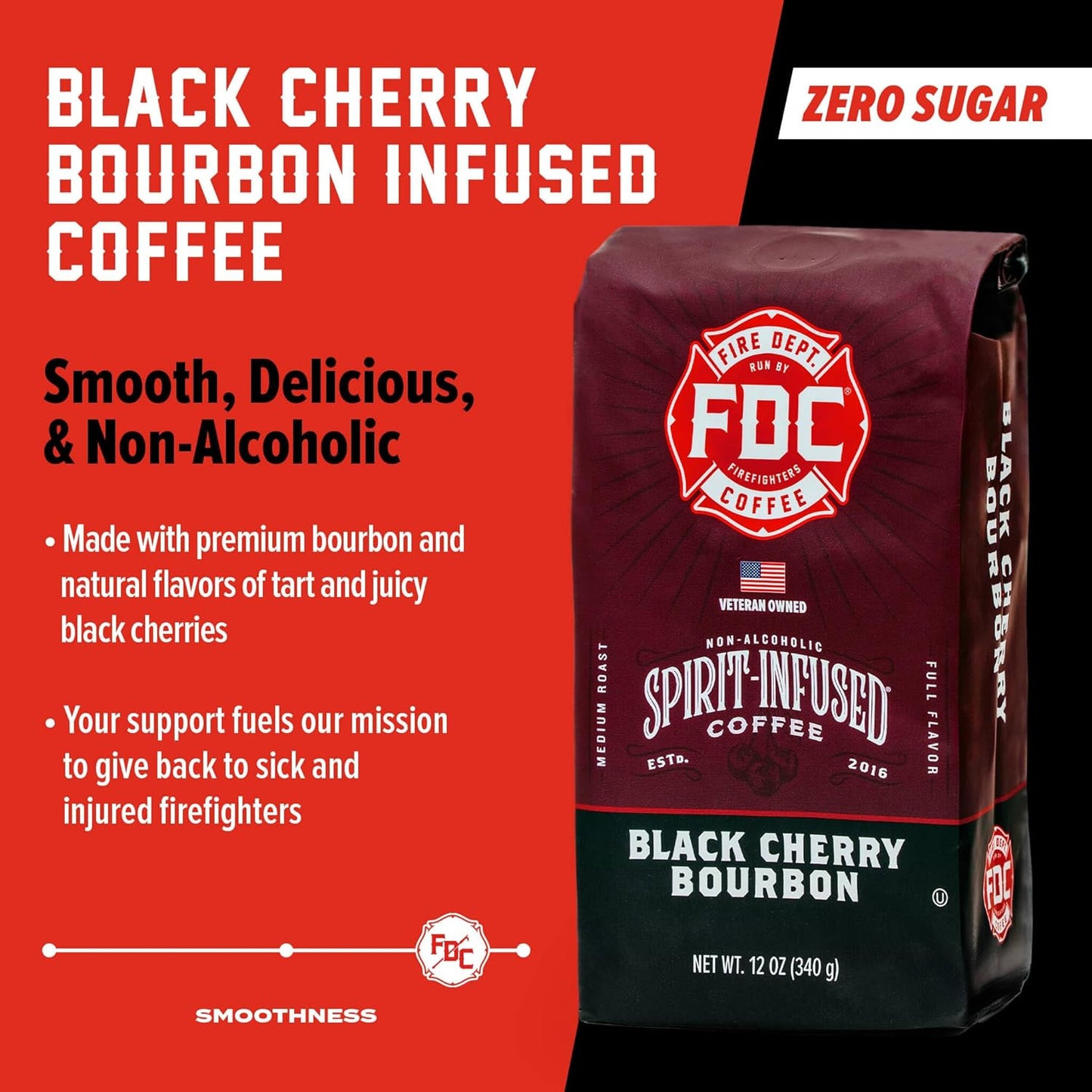 Fire Department Coffee - Black Cherry Bourbon Coffee - Gives Back to Firefighters - Premium Bourbon Infused Whole Bean - Non-Alcoholic - Roasted in the USA - Veteran Owned - 12 oz