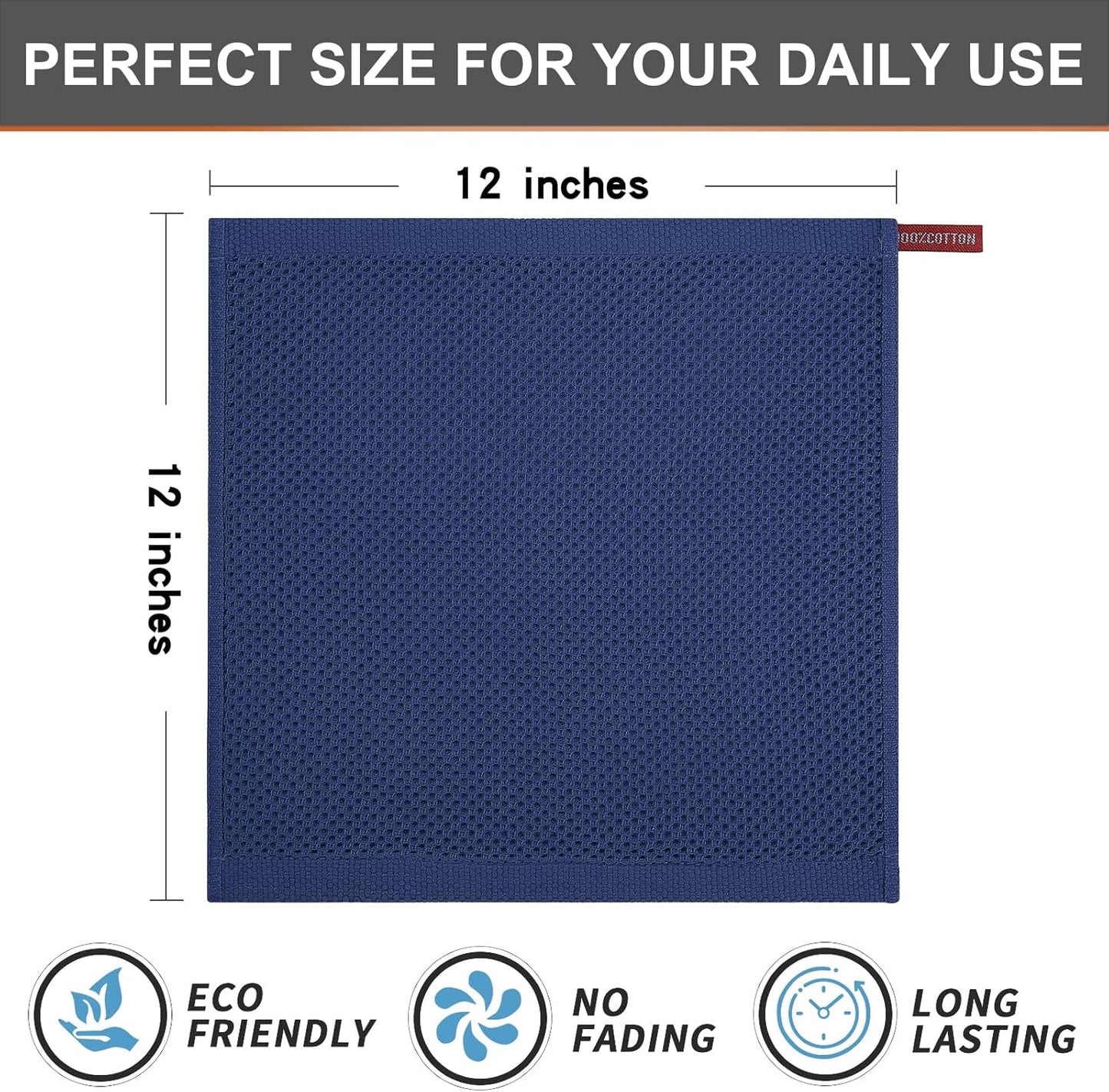 Kitinjoy 100% Cotton Kitchen Dish Cloths, 6 Pack Waffle Weave Ultra Soft Absorbent Dish Towels for Drying Dishes Quick Drying Kitchen Towels Dish Rags, 12 X 12 Inches, Navy Blue