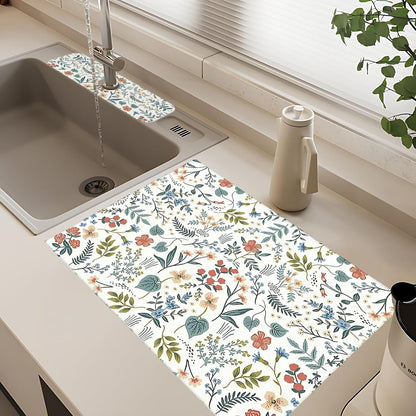 2Pcs Dish Drying Mats Faucet Mats Sets Large Size Coffee Mats Sink Faucet Mat Splash Guard for Kitchen Counter Bathroom Sink Coffee Bar Kitchen Decor (Wildflowers 1, 18"x24" 15" x 5.5"Set)