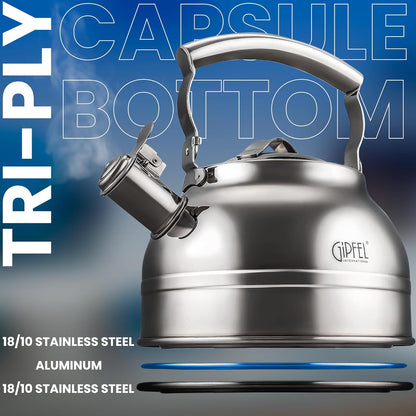 Whistling Tea Kettle Stovetop - Food Grade Stainless Steel Teapot for Stove Top with Ergonomic Handle for Gas, Induction, Electric Stovetops 2.3 Quart