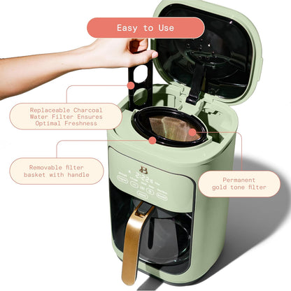 Beautiful Coffee Maker, 14-Cup, Touch Display, Programmable, 1200W, Stainless Steel, Keep Warm, 24h Timer dishwasher-safe (Sage Green)