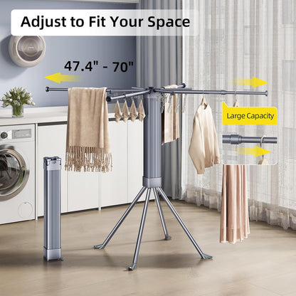 BIREN Clothes Drying Rack Foldable Extending Laundry Rack with 16 Clips Collapsible Clothing Rack Space-Saving Clothing Racks for Hanging Clothes, Indoor, Camping, Balcony, Outdoor