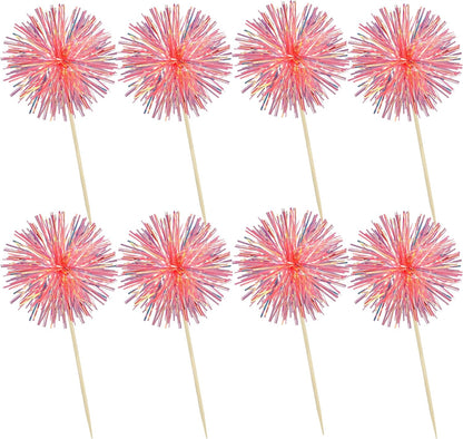 Ephlyn 30Pcs Foil Firework Cupcake Toppers Sparkle Tinsel Cupcake Picks Happy Birthday Cake Decorations Drink Stirrers Cocktail Food Fruit Toothpicks for Baby Shower Graduation Party Supplies Orange