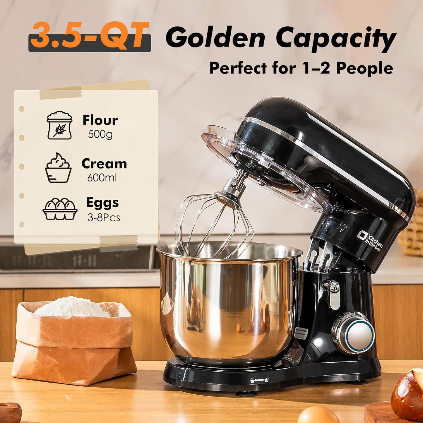 Kitchen in the Box Stand Mixer, 3.5 QT Small Electric Kitchen Mixer, 10-Speed Portable Lightweight Food Mixer with Stainless Steel Bowl, Egg Whisk, Dough Hook, Beater (Black)
