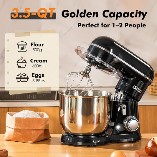 Kitchen in the Box Stand Mixer, 3.5 QT Small Electric Kitchen Mixer, 10-Speed Portable Lightweight Food Mixer with Stainless Steel Bowl, Egg Whisk, Dough Hook, Beater (Black)
