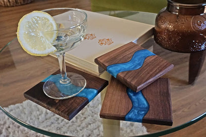 Generic Wood Coaster Set for Drinks | Handmade with Dark Walnut & Natural Wood Sealant Finish for Water Resistance, Easy Cleaning & No Stains | Epoxy Resin River (4 Pieces) (Blue)