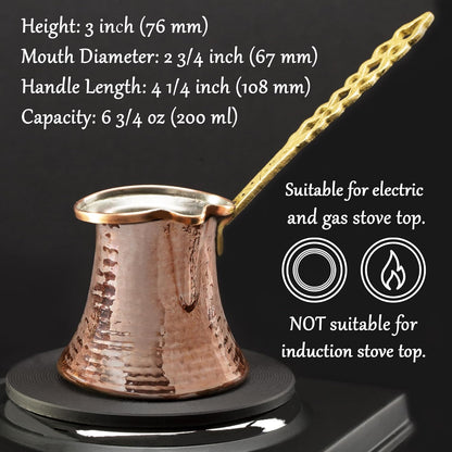 Volarium Turkish Coffee Pot, Greek Arabic Coffee Maker, Hammered Copper Coffee Cezve, Stove Top Coffee Maker (Small)