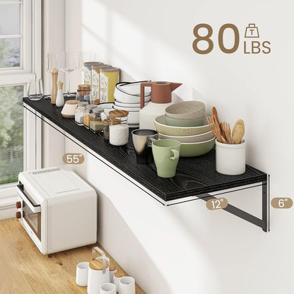 Dreamland Floating Shelves for Wall, 12 Inch Deep Floating Shelves Set of 2, 55W x 12D Large Wall Shelf with Sturdy Metal Brackets for Living Room, Bathroom, Bedroom and Kitchen, Black