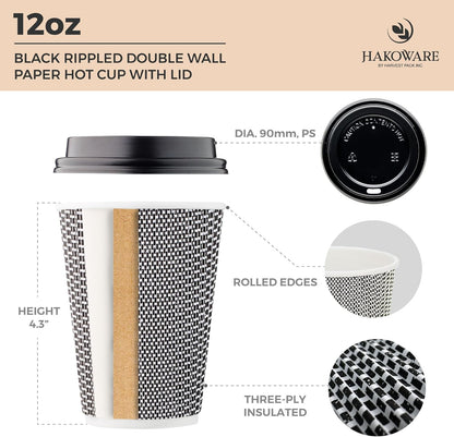 [400 SET]Harvest Pack 12 oz Disposable Coffee Cups, Insulated Ripple Double-Walled Paper Cup with Lid, Black and White Geometric, Tea Hot Chocolate Drinks To go coffee cups