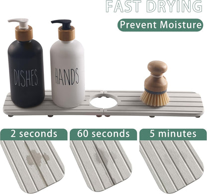 ZumenDa 17inch x 4inch Kitchen Sink Faucet Mat, Water Absorbing Stone Faucet Splash Guard for Bathroom Counter, Quick Drying Diatomite Tray for Kitchen Sink, Light Gray