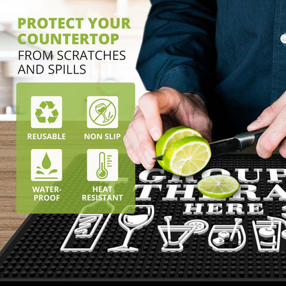 Group Therapy Bar Mat for Countertop - Ideal for Bartending & Home Bar Spill-Proof, Durable, Non-Slip Rubber Mat - Large Size 18"x12" - Bar Mats for Home Bar - Thick Rubber Mat