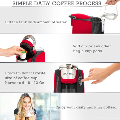 Mixpresso Single Cup Coffee Maker Compatible With 1.0 & 2.0 Single Cup Pods, Removable 45oz Water Tank, Quick Brewing with Auto Shut-Off, One Touch Function (Red/Black)
