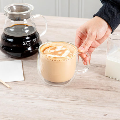 Restaurantware-Forma Professional 16.9 Ounce Double Wall Coffee Mugs, 12 Insulated Coffee Mugs With Handle - Dishwashable, Reusable, Clear Glass Beverage Cups, Freezable, For Hot Or Cold Beverages
