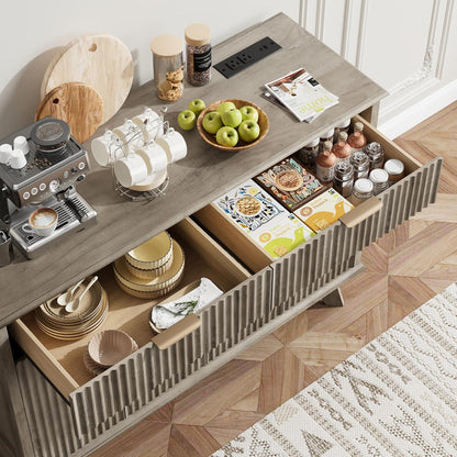 QUW Fluted Buffet Sideboard Cabinet with Storage, 47.2" Kitchen Cabinet with Drawers and Adjustable Shelves, Modern Coffee Bar with Charging Station, for Dining Room, Living Room, Grey