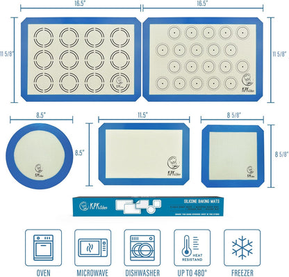 Silicone Baking Mat Set of 5-2 Half Sheets (Macaron & Cookie Circle On Mat) + 1 Quarter + 1 Round & 1 Square Size Silicone Baking Sheet - Nonstick & Easy to Clean - 100% Silicone Mats for Baking