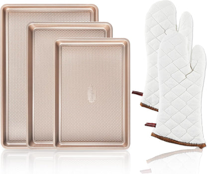 HONGBAKE 3 Pack Gold Nonstick Baking Sheet Pan Set with Oven Mitts Heat Resistant, Non-Toxic Half/Quarter/Jelly Roll Pans with Diamond Texture Pattern, Heavy Duty 0.8mm Thick Cookie Trays for Cooking