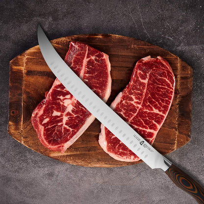 TUO Cimitar Butcher Knife - 14 Inch Butcher's Breaking Knife Long Meat Slicing Knives Pro Curved Slicer Carver - Forged German Steel with Full-Tang Pakkawood Handle - Fiery Series Gift Box Included