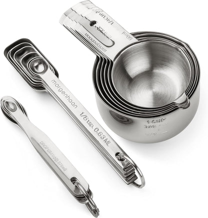Heavy-Duty 304 Stainless Steel Measuring Cup Set (18-Piece) - Stackable, Dual Metric/US, Long & Narrow Spoons for Spice Jars + 5 Mini Spoons