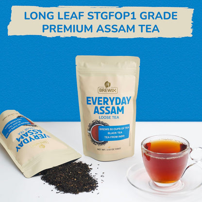 BREWIX, Assam Black Tea Leaves (50+ Cups, 3.53oz/100g) High Caffeine Gluten Free | Strong and Malty | Loose Leaf | Resealable Bag | Perfect for Strong Morning Tea