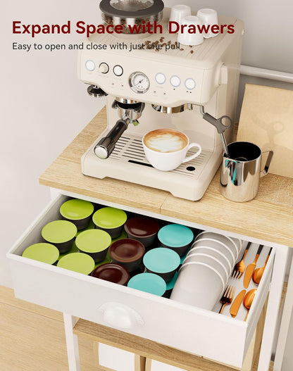 YMYNY 5 Tier Coffee Bar Station, Coffee Stand with Fabric Drawers, 8 S-Shaped Hooks, Corner Bar Cabinet, Height Adjustable, Bakers Rack for Kitchen, Living Room, Natural HBR009R