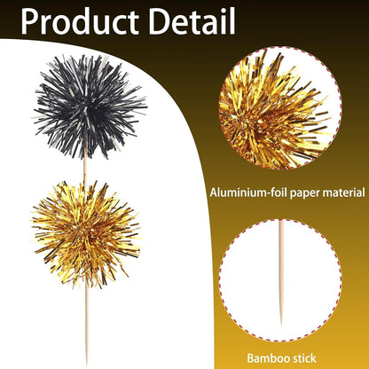40 PCS Foil Firework Cupcake Toppers Sparkle Tinsel Cupcake Picks Fireworks Birthday Party Decorations Cocktail Fruit Toothpick for Birthday Wedding Graduation Party Decorations Supplies Black Gold