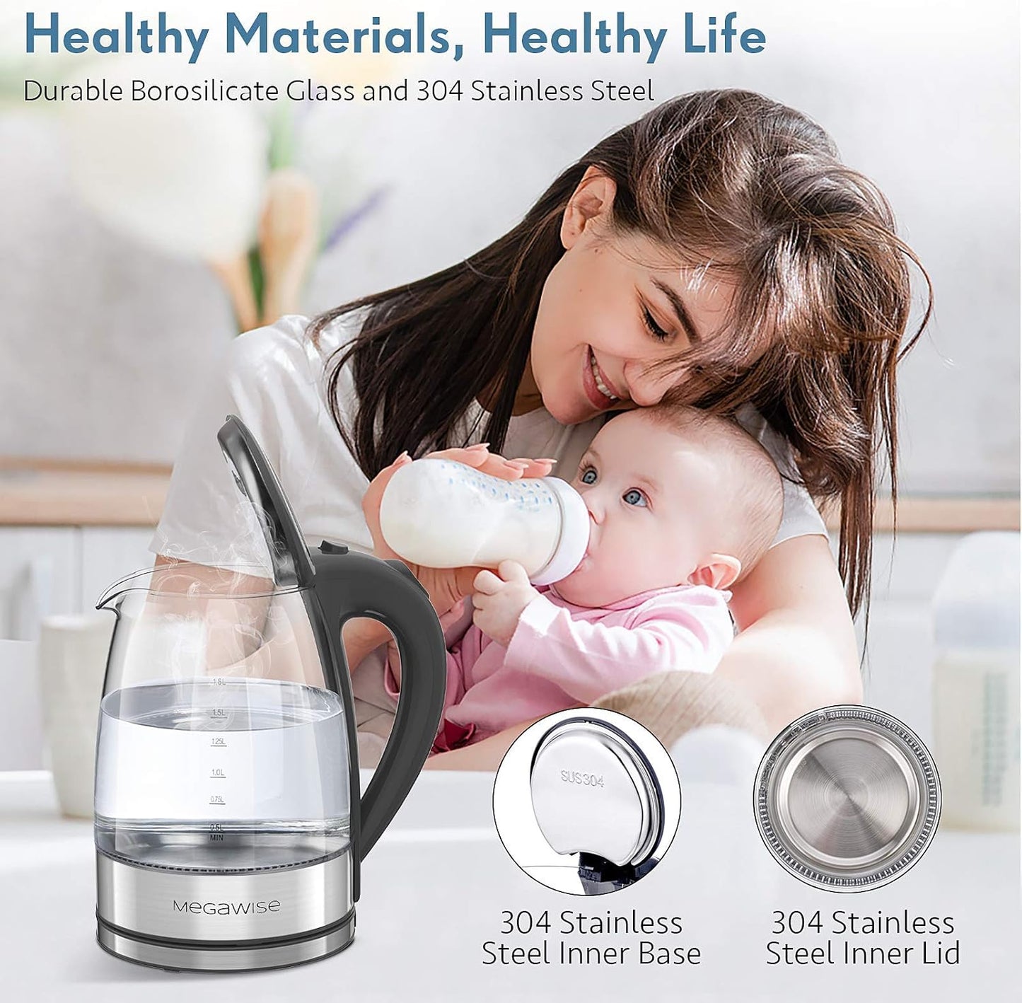 MegaWise Electric Kettle, 1.8L Borosilicate Glass Tea Kettle with LED Light, Auto Shut-Off and Boil-Dry Protection Cordless Kettle Fast Boiling