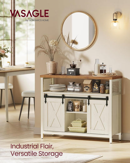 VASAGLE Buffet Cabinet, Coffee Bar Storage Cabinet, Sideboard with 2 Sliding Barn Doors, Adjustable Shelves, 13 x 39.4 x 31.5 Inches, for Living Room, Rustic White and Honey Brown ULSC092W01