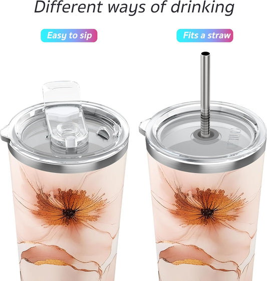 THILY Stainless Steel Vacuum Insulated Tumbler 26 oz Travel Mug Wide Mouth Coffee Cup with 2 Lids and Straws, Splash Proof, BPA Free, Keep Iced Drinks Cold, Golden Bloom Whispers