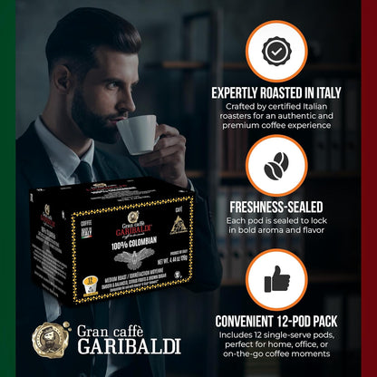 Caffè Garibaldi Colombian Decaf Coffee Pods, Single-Serve Capsules for Keurig K-Cup Brewers, Single Serve Cups with 100% Arabica Blend for Coffee Makers, 12 Count Recyclable Pods - Medium Roast