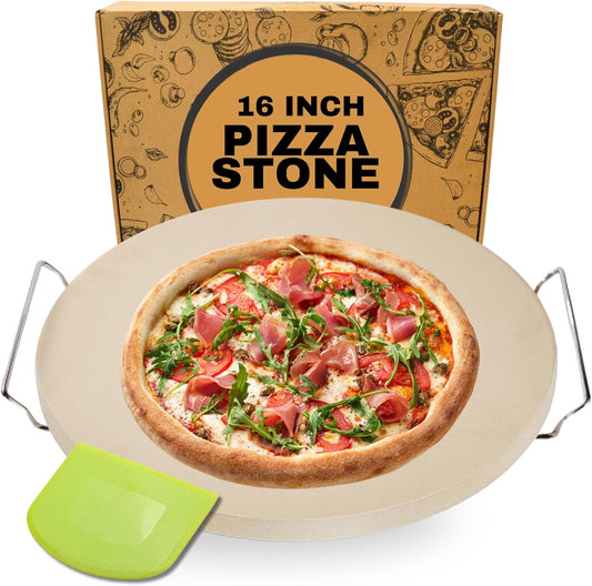 16 inch Round Pizza Stone for Oven - Large Pizza Stone for Grill with Handles and Dough Tool - Round Baking Stone for Bread - Pizza Making Accessories - Cooking Gifts for Food Lovers