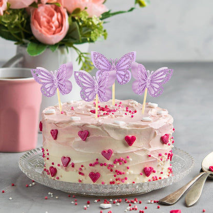 Chinco 48 Pcs Butterfly Cupcake Toppers Assembled Double Layer Cupcake Topper 3D Glitter Cake Topper Butterfly Cocktail Pick Decoration for Baby Shower Birthday Wedding(Purple,Classic Style)