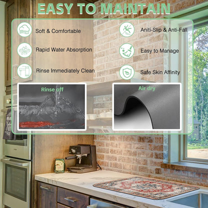 Dish Drying Mat Persian Style Textile Rug Texture Dish Drying Pad,16"X24"Bsorbent Coffee Mat for Sink Dishes or Under Rack Kitchen Counter Accessories Absorbent Hide Stain Drying Mat
