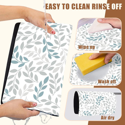 Grey and Blue Leaves Branches Dish Drying Mat for Kitchen Counter Coffee Bar Mat Hide Stain Absorbent Rubber Backed Dish Drainer Rack Pad Espresso Machine Coffee Bar Accessories 11.8 x 19.7 Inch