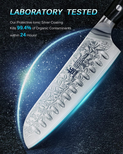 KYOKU Gin Series 7" Santoku Knife, Japanese Chef Knife VG10 Damascus Stainless Steel Kitchen Knife with Silver Ion Blade G10 Handle Mosaic Pin