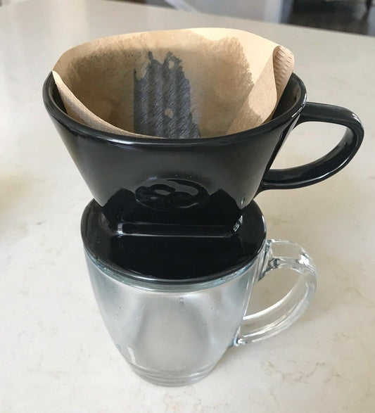 Simply Charmed Coffee Pour Over Single Cup Ceramic Brewer Coffee Maker with Melitta Filters (Black) 8-16 oz Depending on How Much Water/Grounds You Use