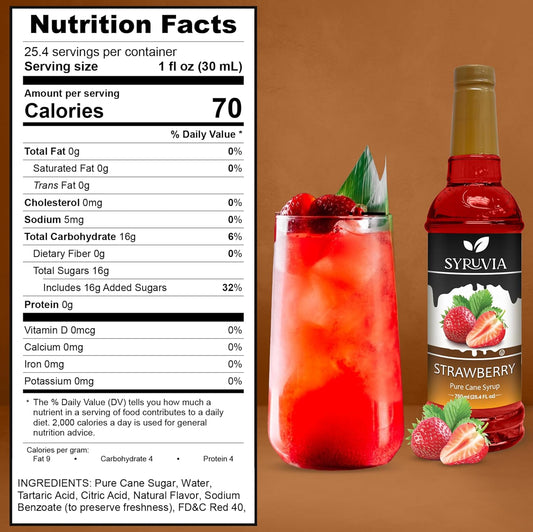 Syruvia Strawberry Syrup (25.4 fl oz) - Sweet Strawberry Bliss in a Bottle – Kosher, Gluten-Free, Ideal for Elevating Your Culinary and Beverage Adventures