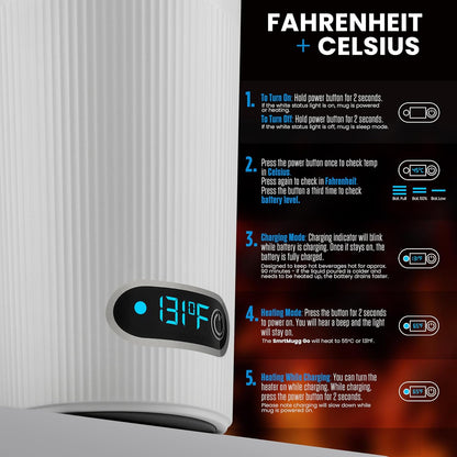GO Heated Coffee Mug, Travel Mug, 13.5 OZ. Smart Mug, Battery Powered Heated Coffee Mug, Great for Coffee and Tea, Snap on Magnetic Charging Cord, New and Improved (White)