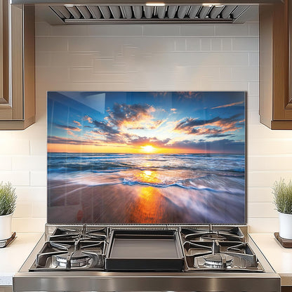 Tempered Glass Backsplash For Kitchen Behind Stove,Sea Beach Stove Backsplash Top Cover,Easy to Clean Glass Splashback, Sink Cover Splash Guard,Home Kitchen Wall Decor (30"x20"(76.2x50.8cm))