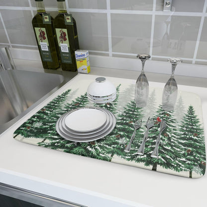 Winter Green Pine Tree Dish Drying Mat for Kitchen Counter,Red Bird Snowflake Drying Mat 18 x 24 Inch with High Absorbent Microfiber Drainer Mat for Coffee Bar