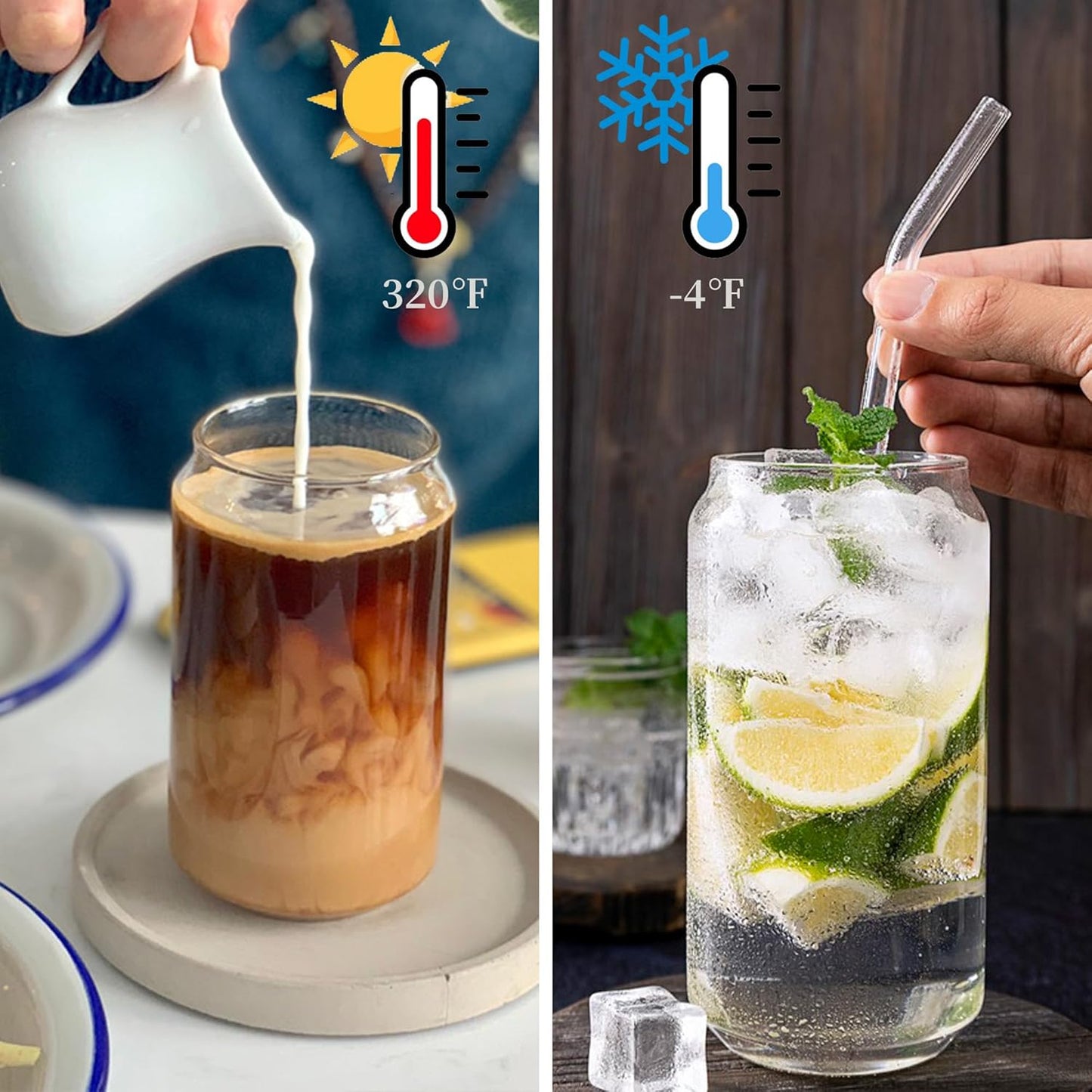 6pcs Set-16oz, Glass Cups with Bamboo Lids and Glass Straw - Beer Can Shaped,CuteTumbler Cup,Soda,deal for Cocktail,Iced Coffee Cups,6 Cleaning Brushes glass cups with lids and straws