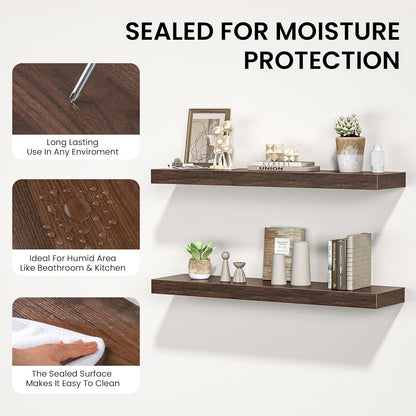 Floating Shelves for Wall, 24" W x 6.7" D x 1.5" H, Wooden Wall Mounted Display Shelves with Invisible Brackets for Living Room, Bedroom, Bathroom, Kitchen Decor and Storage, Set of 2, Walnut