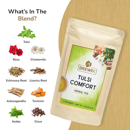 BREWIX Holy Basil Tea Bags (15 Pyramid Tea Bags) | Tee With Tulsi Leaves and Chamomile | Caffeine Free, Calming Herbal Tea With Fresh and Cool Flavor