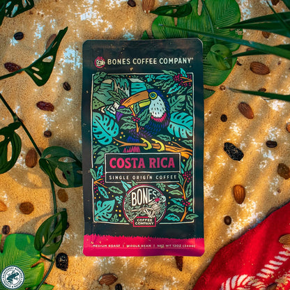 Bones Coffee Company Costa Rica Single-Origin, Cocoa, Nutty and Milk Chocolate Notes, Whole Coffee Beans, Low Acid Medium Roast Arabica Beans Flavored Coffee for Auto drip, 12 oz Whole Bean