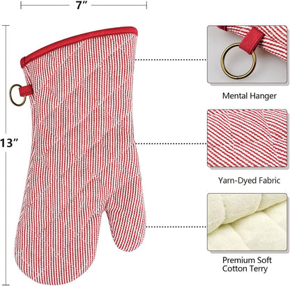 1 Pair Yarn Dyed Oven Mitts 100% Cotton Heat Resistant 470 Degree Gloves Men Women Cooking Baking Barbecue BBQ Microwave Crafting Machine Washable Pot Holders Mittens (red2)
